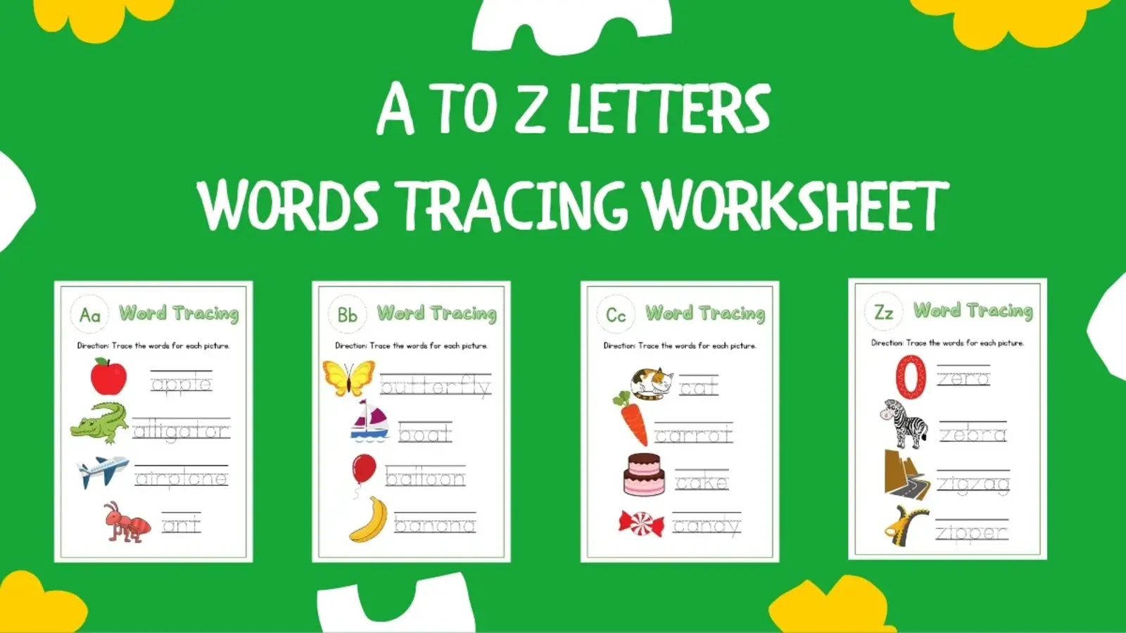 A to Z letters words tracing worksheet