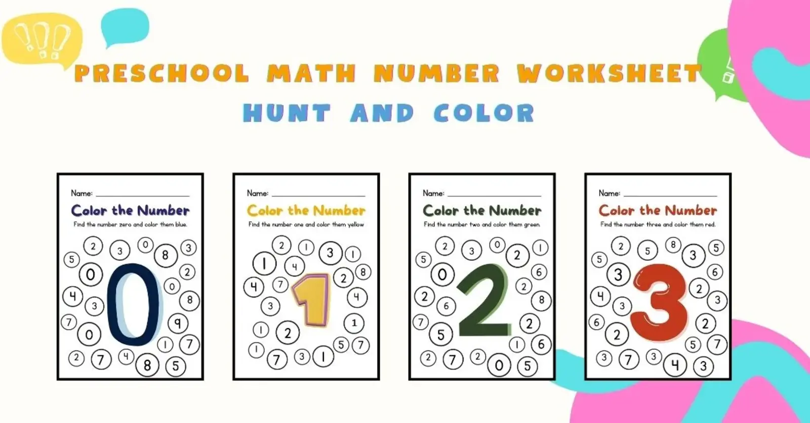 Preschool math number hunt and color worksheet