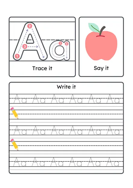 Alphabet practice worksheet: trace it, say it, write it