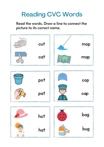 Reading CVC words worksheet