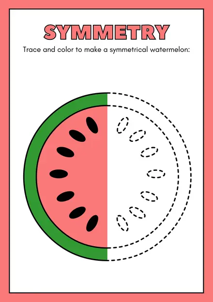 Symmetry worksheet: trace and color a symmetrical watermelon